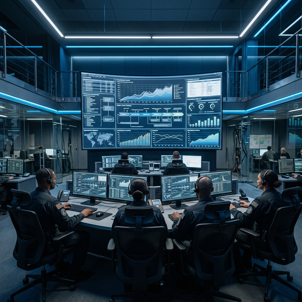 Defense operations command center with analysts
